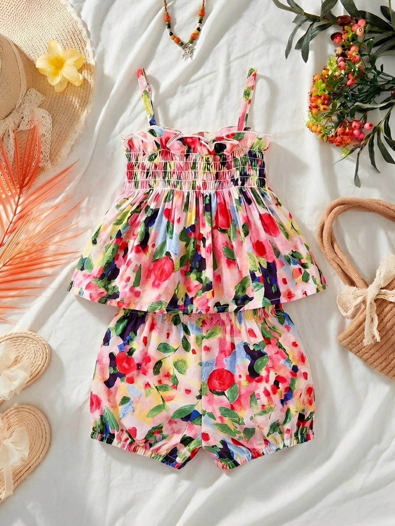 2pcs Girls Floral Shirred Cami Top & Shorts Set - Blush