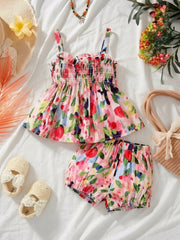 2pcs Girls Floral Shirred Cami Top & Shorts Set - Blush