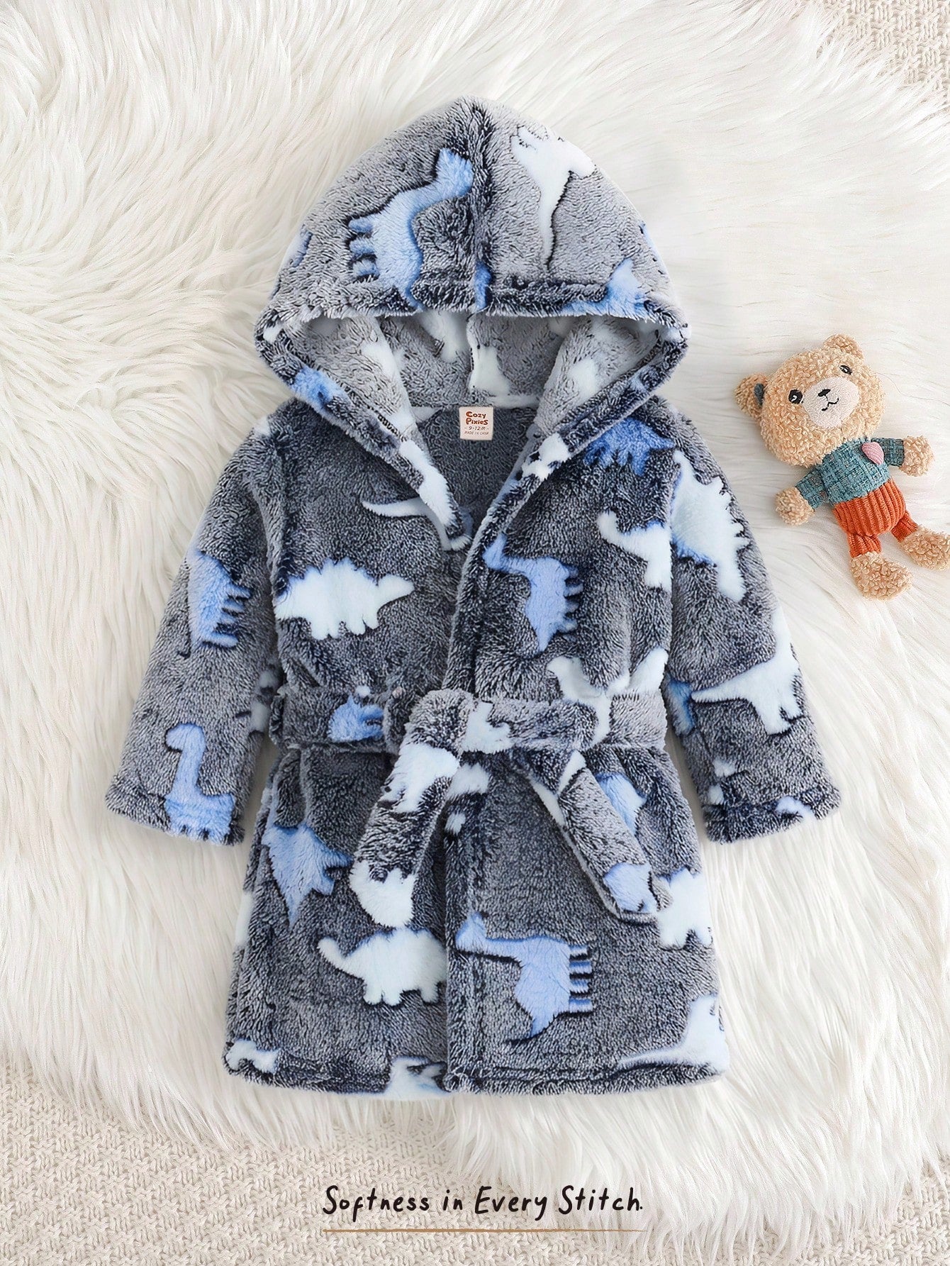 Baby Boys Dinosaur Print Fleece Hooded Robe - Slate | 21 Century Kids