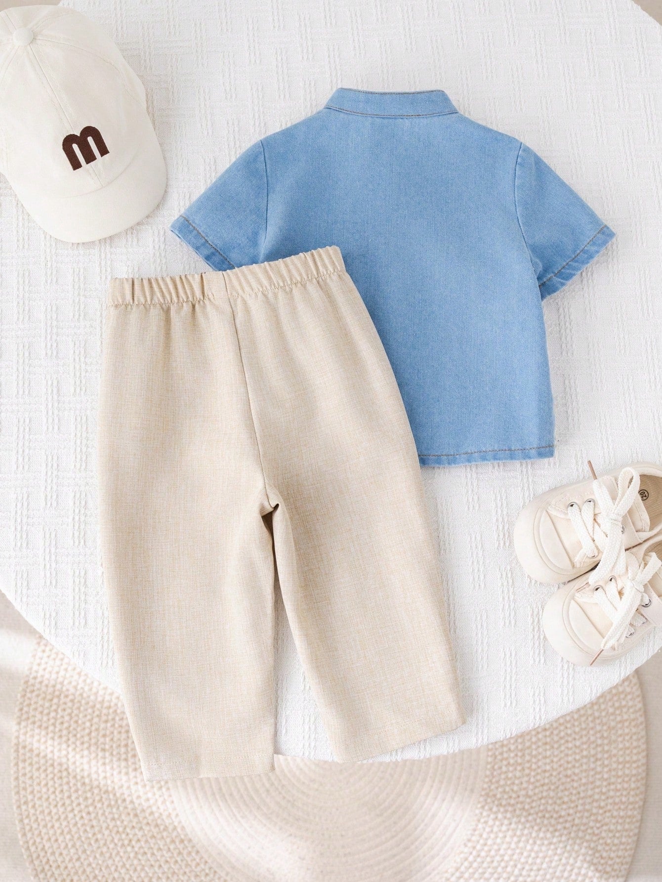 2pcs Boys Mandarin Collar Denim Shirt & Linen Trousers Set - Cerule...