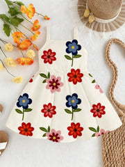 Girls Floral Print High-Waist Flared Camisole Dress - Ivory