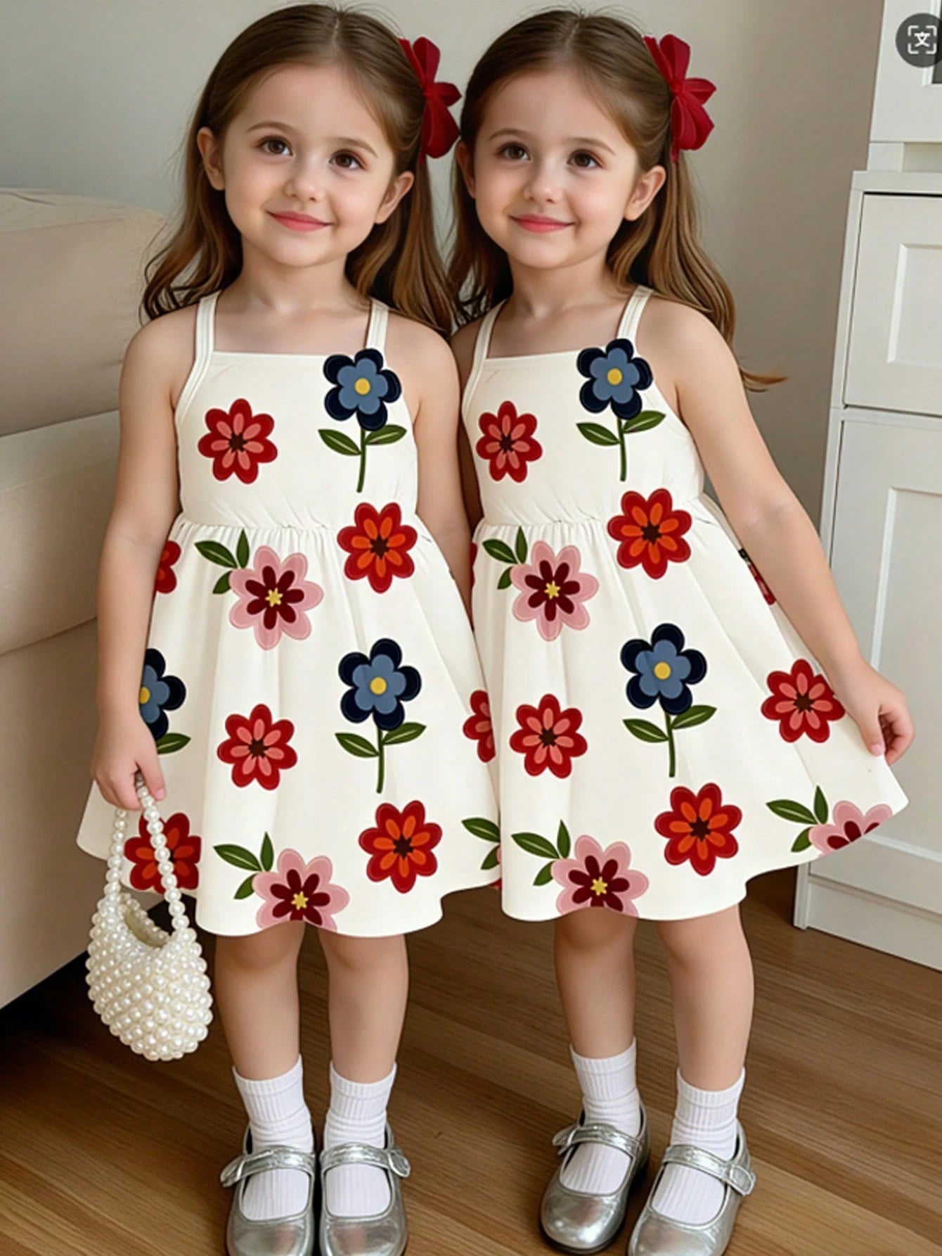 Girls Floral Print High-Waist Flared Camisole Dress - Ivory