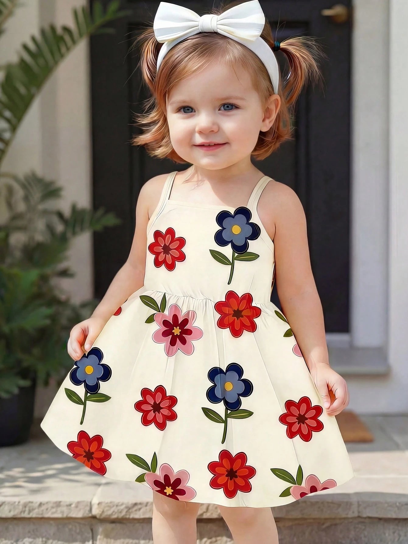 Girls Floral Print High-Waist Flared Camisole Dress - Ivory