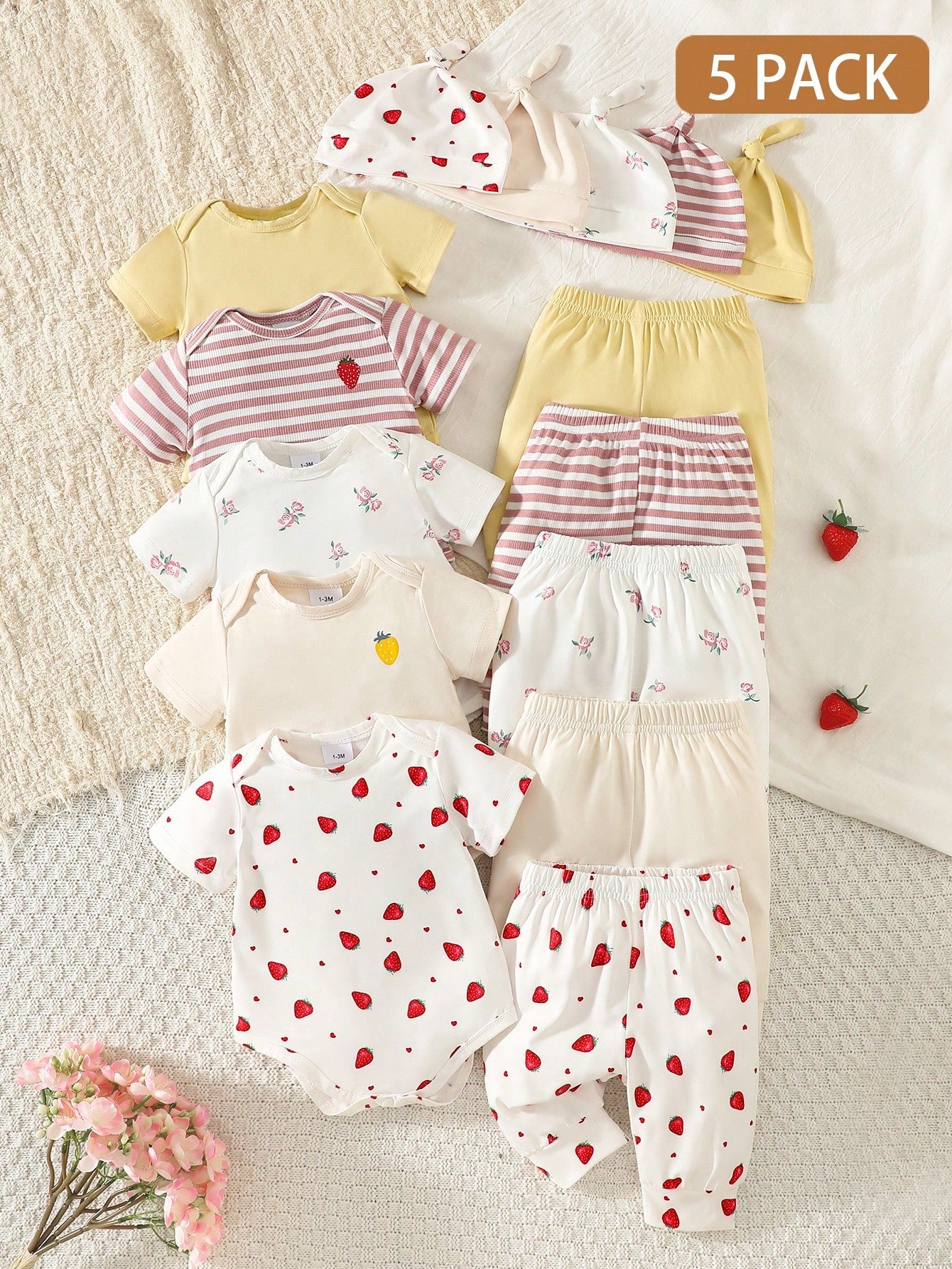 5pcs Baby Girls Strawberry Floral Bodysuit Pants & Hat Set - Ivory ...