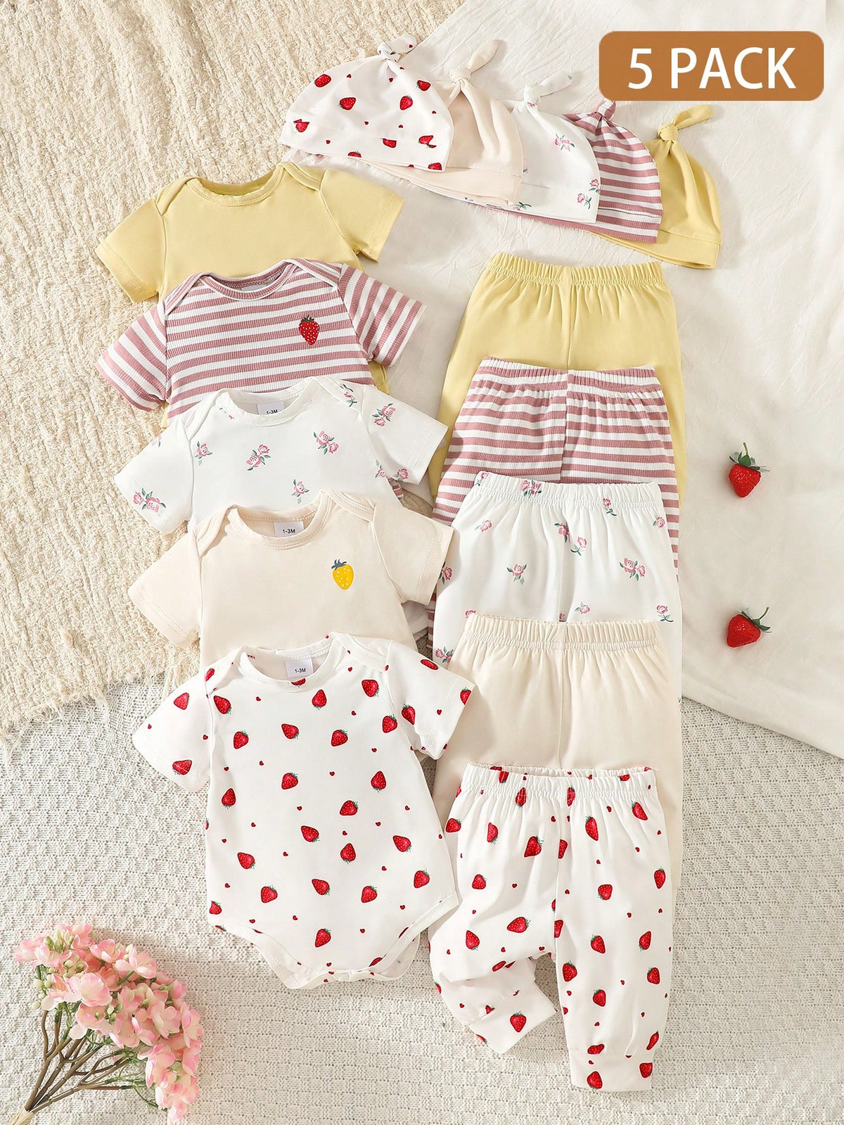 5pcs Baby Girls Strawberry Floral Bodysuit Pants & Hat Set - Ivory ...