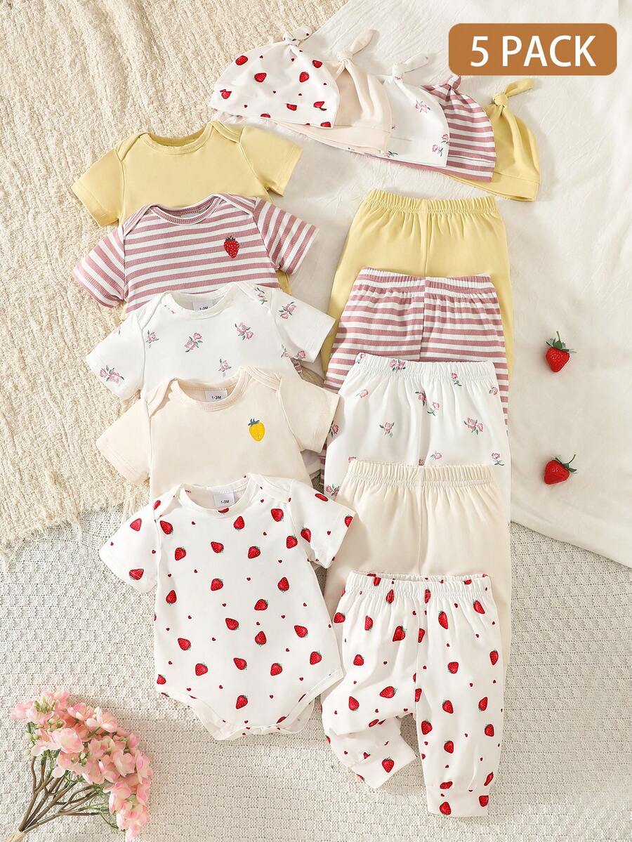 5pcs Baby Girls Strawberry Floral Bodysuit Pants & Hat Set - Ivory ...