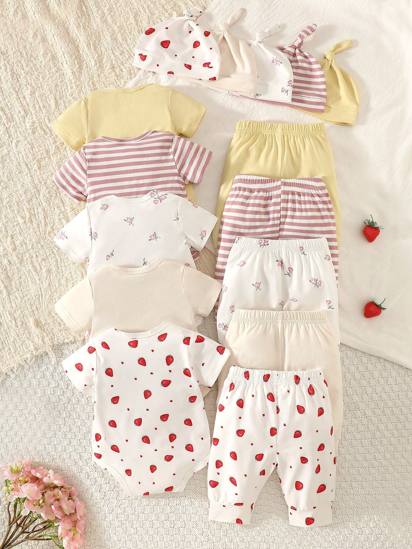 5pcs Baby Girls Strawberry Floral Bodysuit Pants & Hat Set - Ivory ...