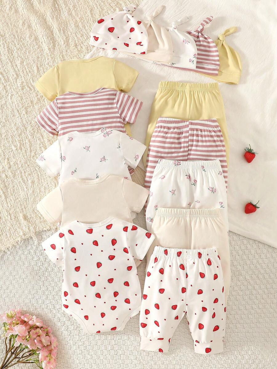 5pcs Baby Girls Strawberry Floral Bodysuit Pants & Hat Set - Ivory ...