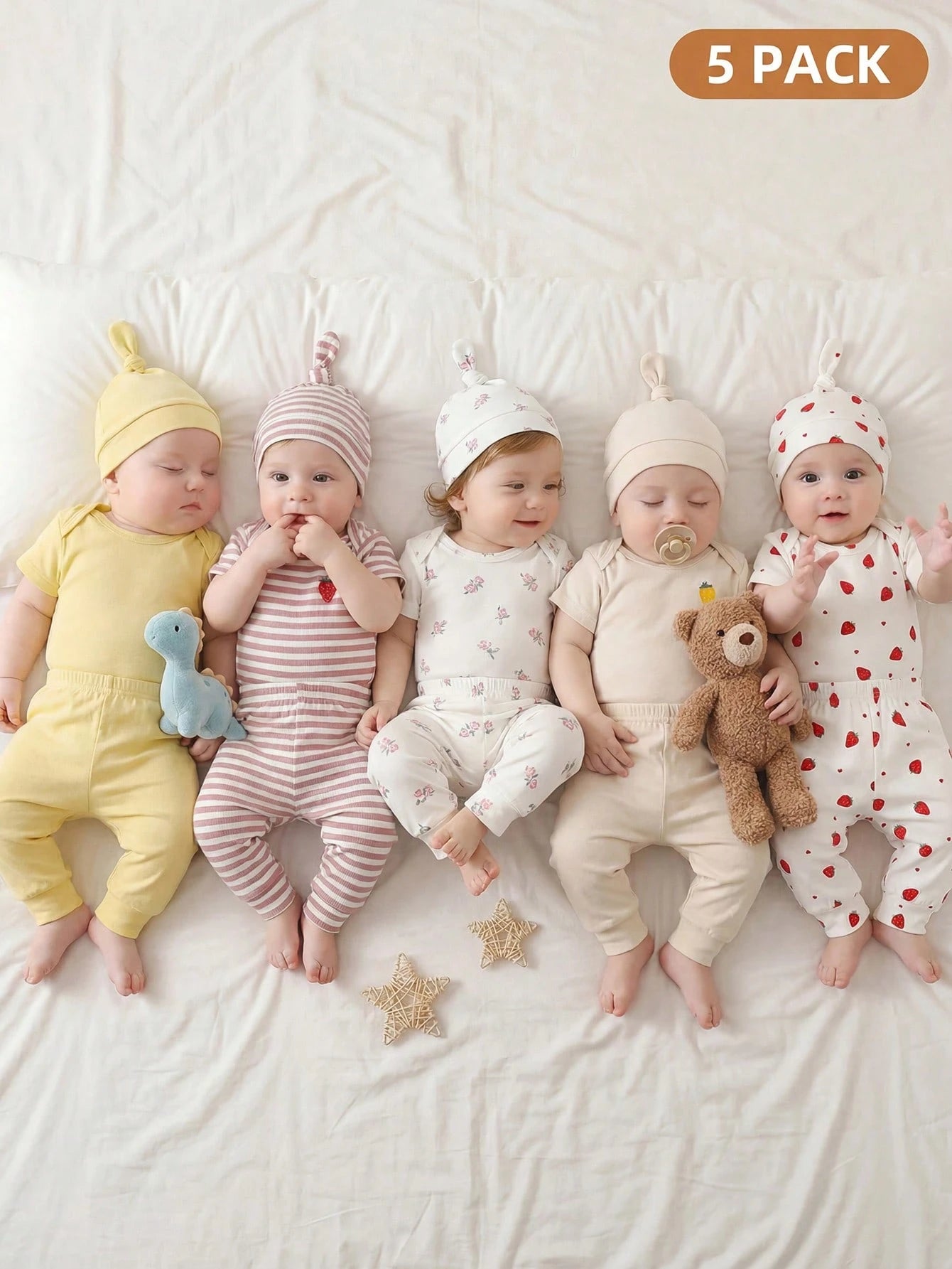 5pcs Baby Girls Strawberry Floral Bodysuit Pants & Hat Set - Ivory ...