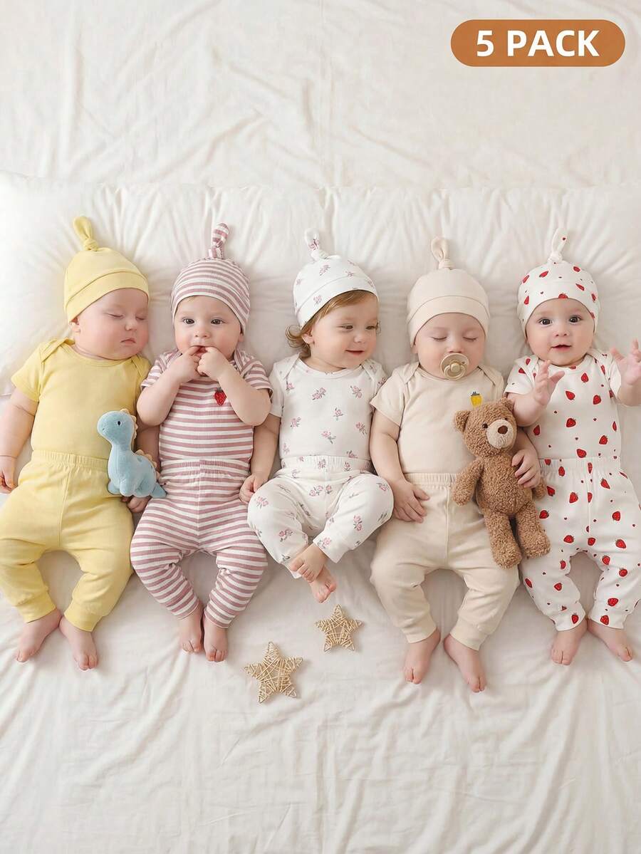 5pcs Baby Girls Strawberry Floral Bodysuit Pants & Hat Set - Ivory ...