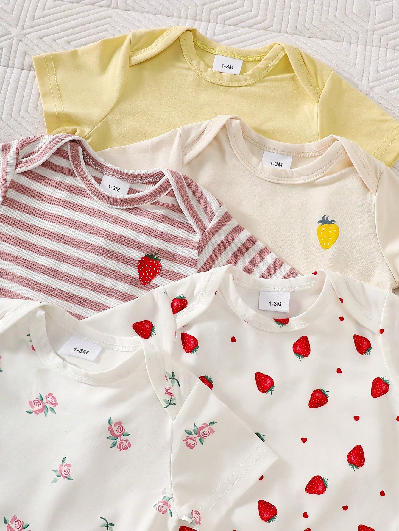 5pcs Baby Girls Strawberry Floral Bodysuit Pants & Hat Set - Ivory ...