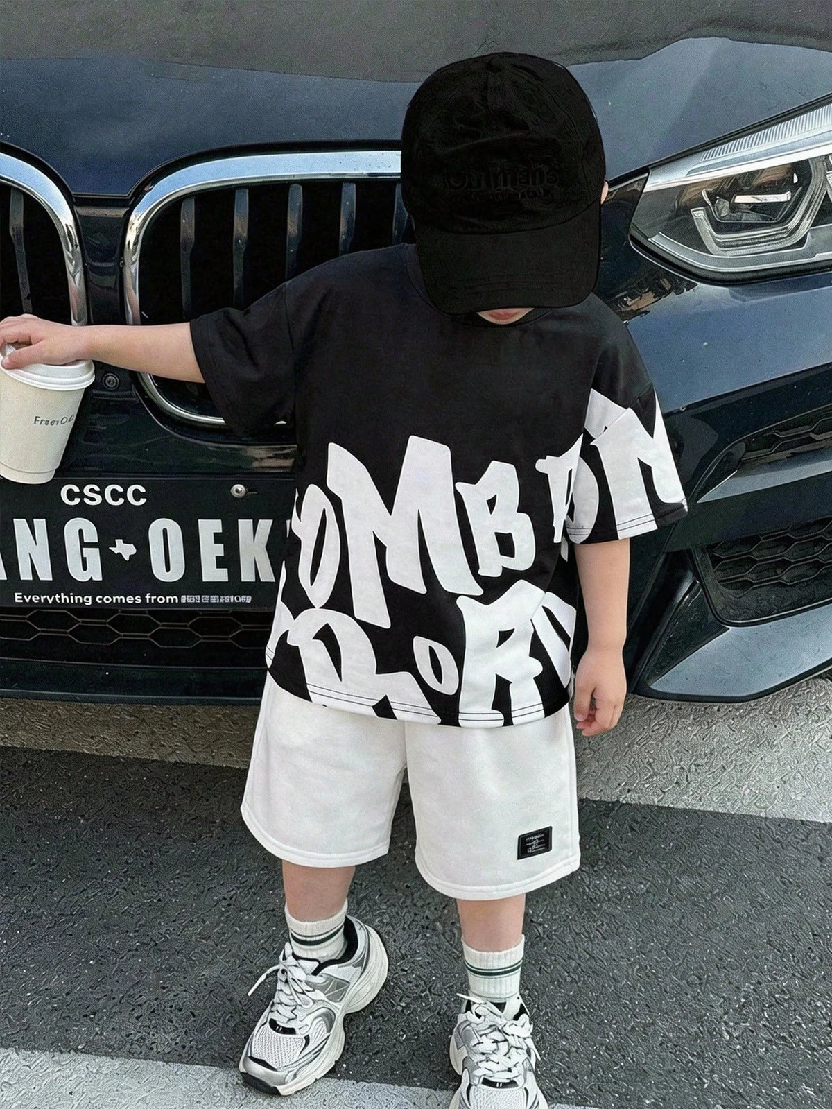 2pcs Boys Graffiti Letter Graphic Tee & Shorts Set - Onyx