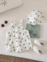 2pcs Boys Palm Print Dungaree Shorts & Bucket Hat - Ivory | 21 Cent...