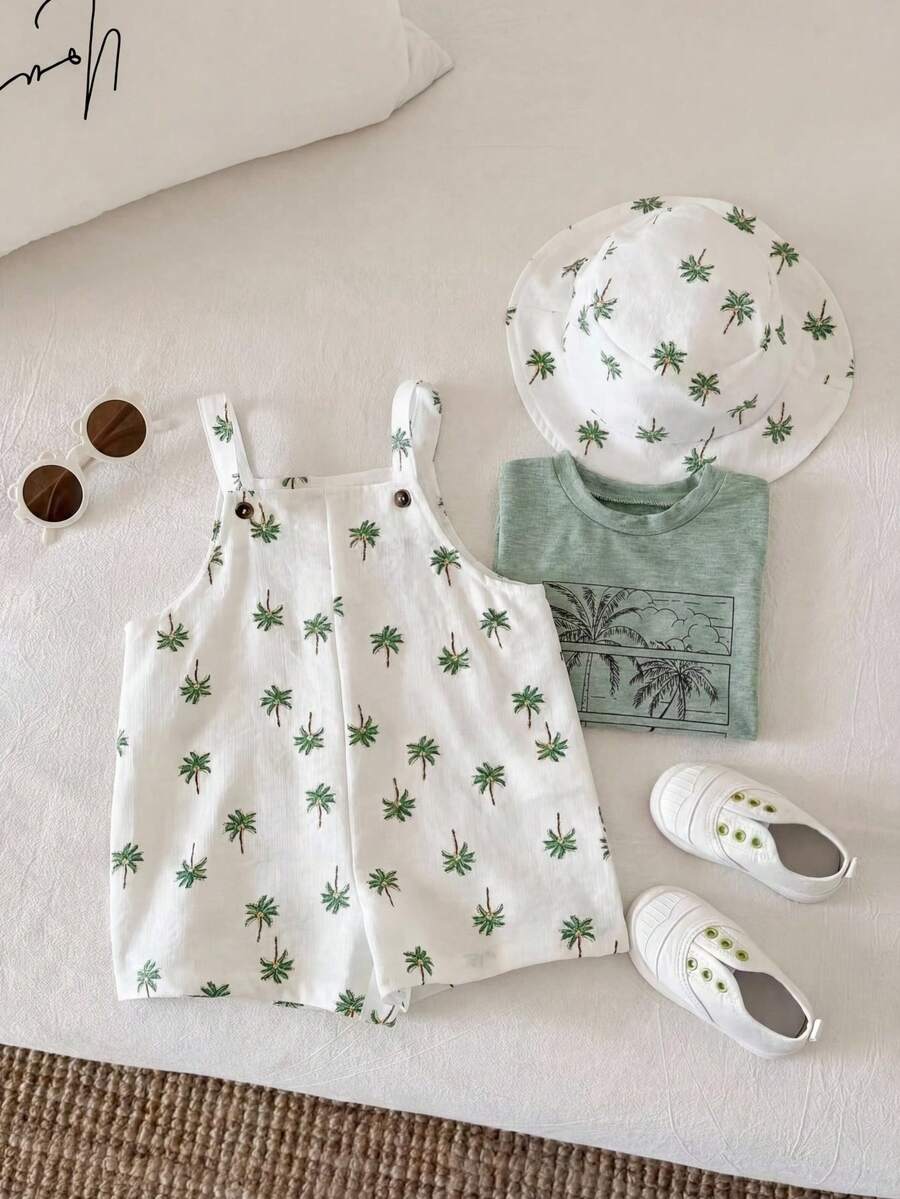 2pcs Boys Palm Print Dungaree Shorts & Bucket Hat - Ivory | 21 Cent...