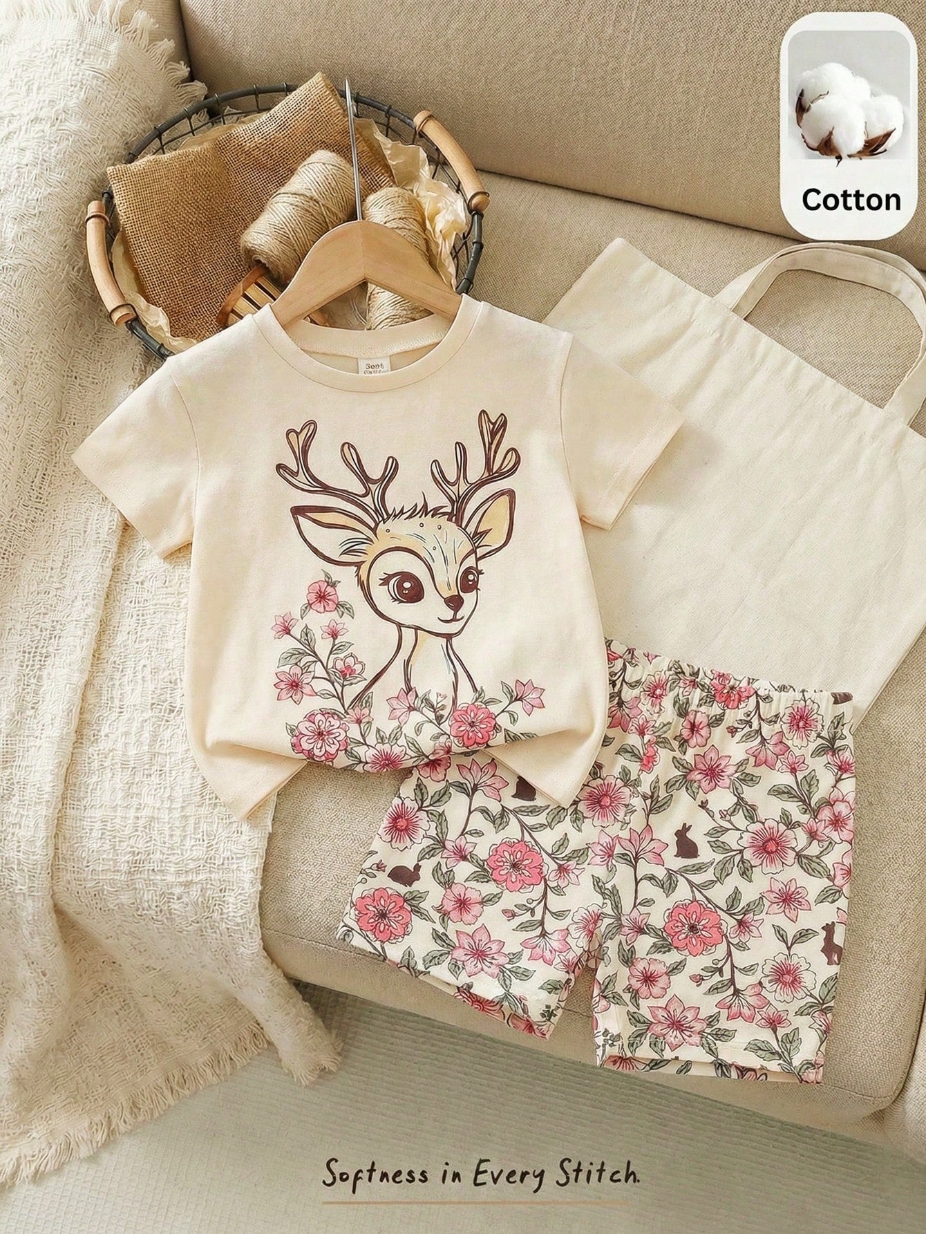 2pcs Girls Deer Floral Print Tee & Shorts Set - Isabelline