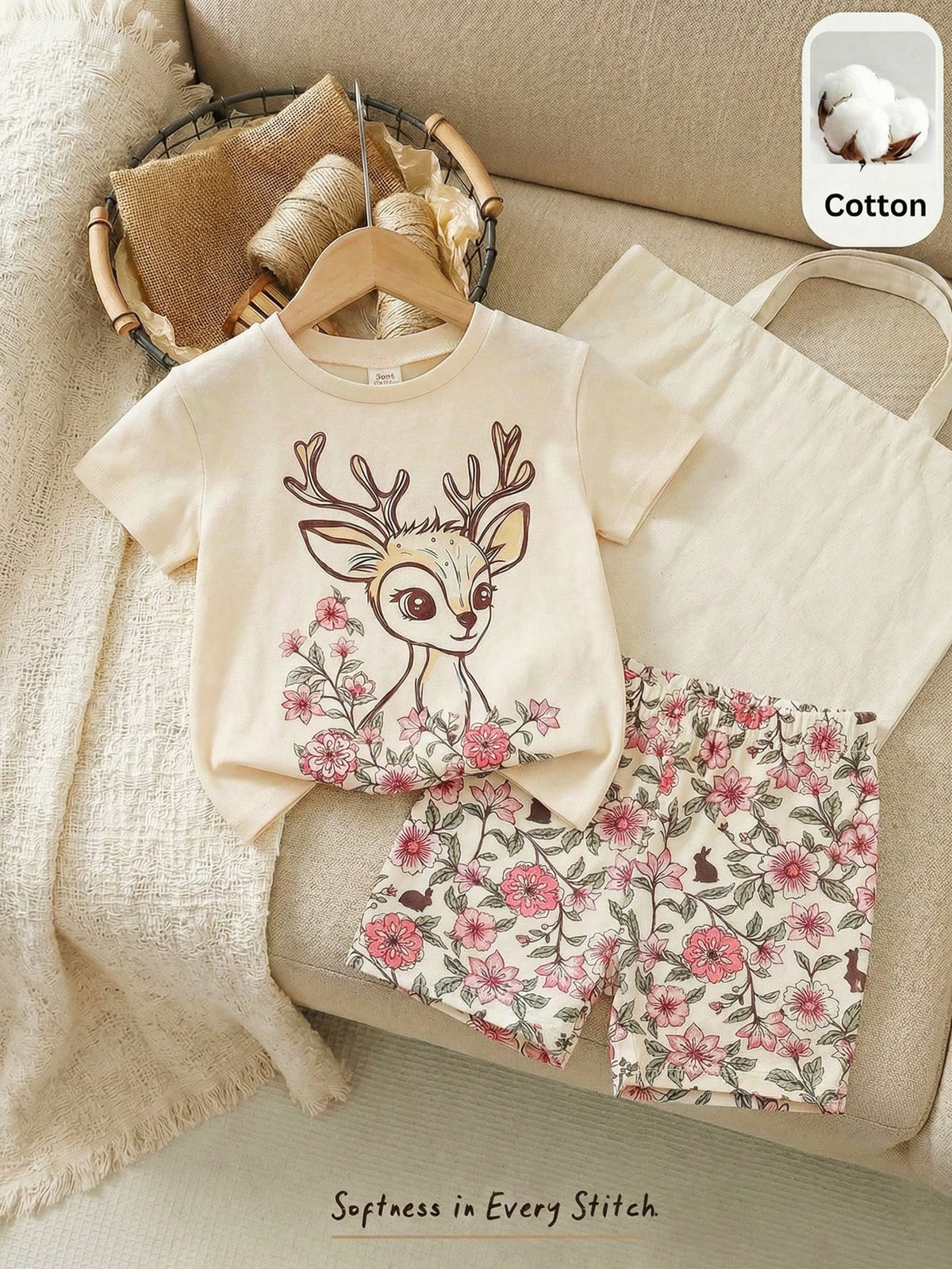 2pcs Girls Deer Floral Print Tee & Shorts Set - Isabelline