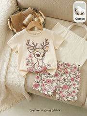 2pcs Girls Deer Floral Print Tee & Shorts Set - Isabelline