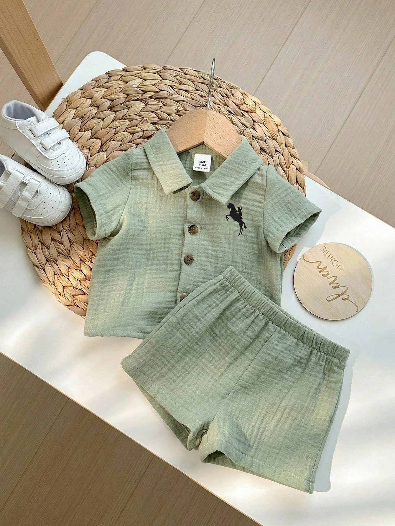 Boys Knight Embroidered Muslin Shirt & Shorts Set - Sage