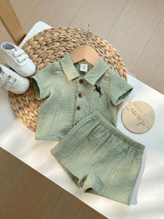 Boys Knight Embroidered Muslin Shirt & Shorts Set - Sage
