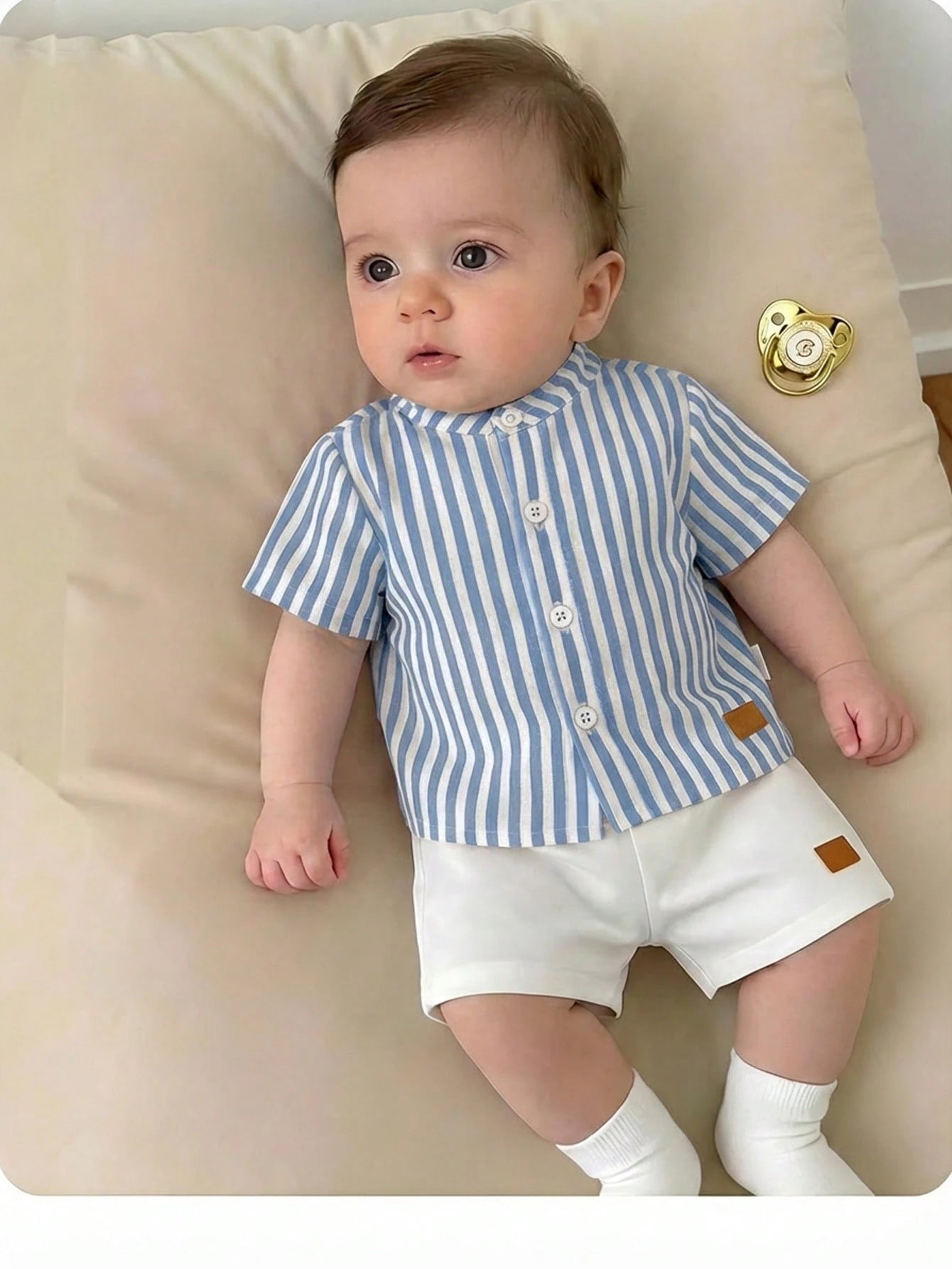 2pcs Baby Boys Striped Mandarin Collar Shirt & Shorts Set - Cerulea...
