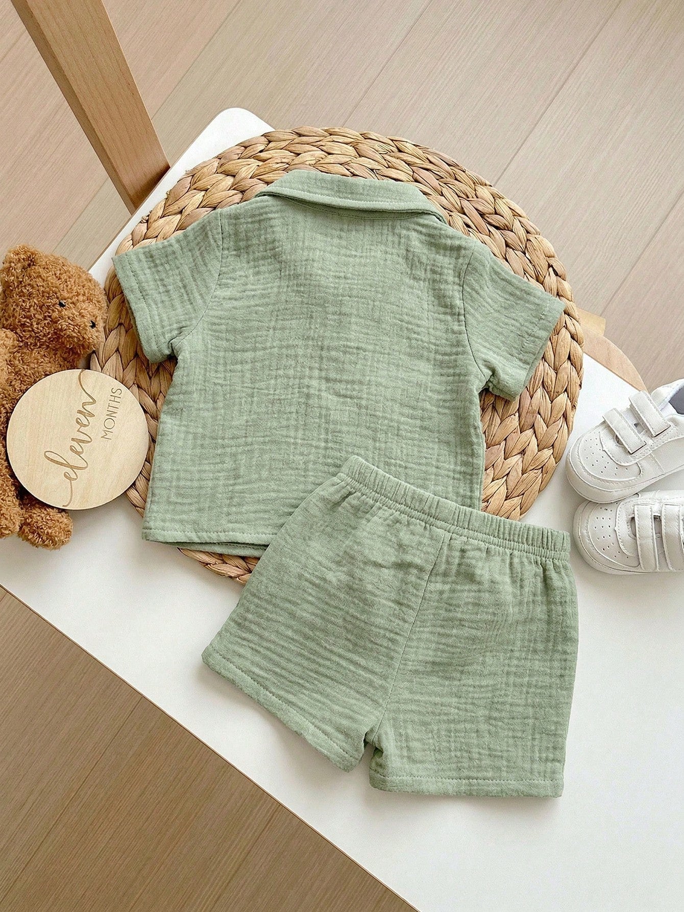 Boys Knight Embroidered Muslin Shirt & Shorts Set - Sage