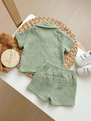 Boys Knight Embroidered Muslin Shirt & Shorts Set - Sage