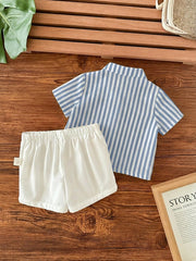 2pcs Baby Boys Striped Mandarin Collar Shirt & Shorts Set - Cerulea...