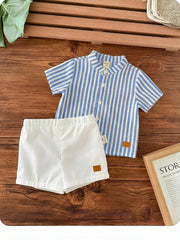 2pcs Baby Boys Striped Mandarin Collar Shirt & Shorts Set - Cerulea...