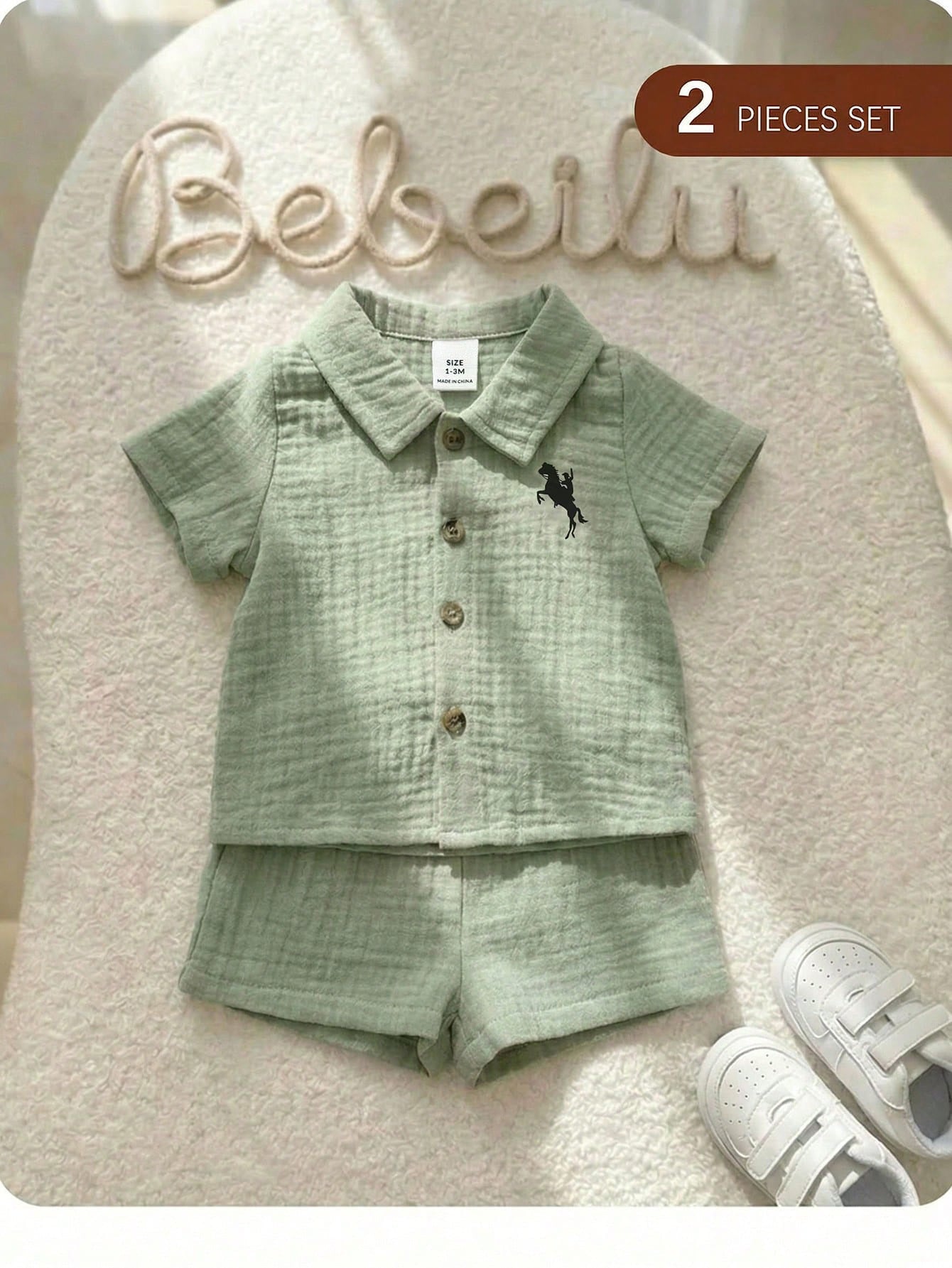 Boys Knight Embroidered Muslin Shirt & Shorts Set - Sage