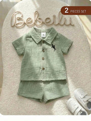 Boys Knight Embroidered Muslin Shirt & Shorts Set - Sage