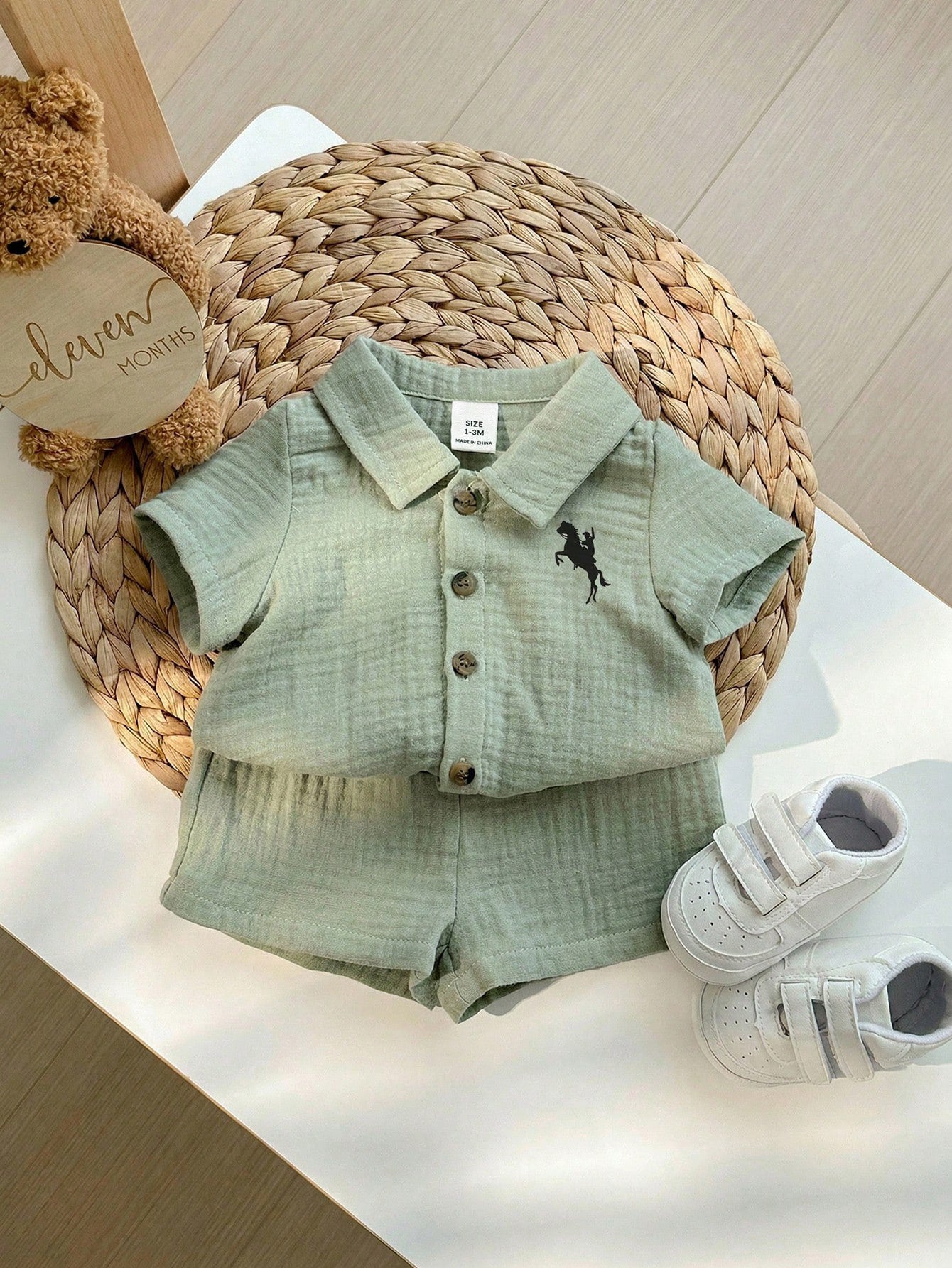 Boys Knight Embroidered Muslin Shirt & Shorts Set - Sage