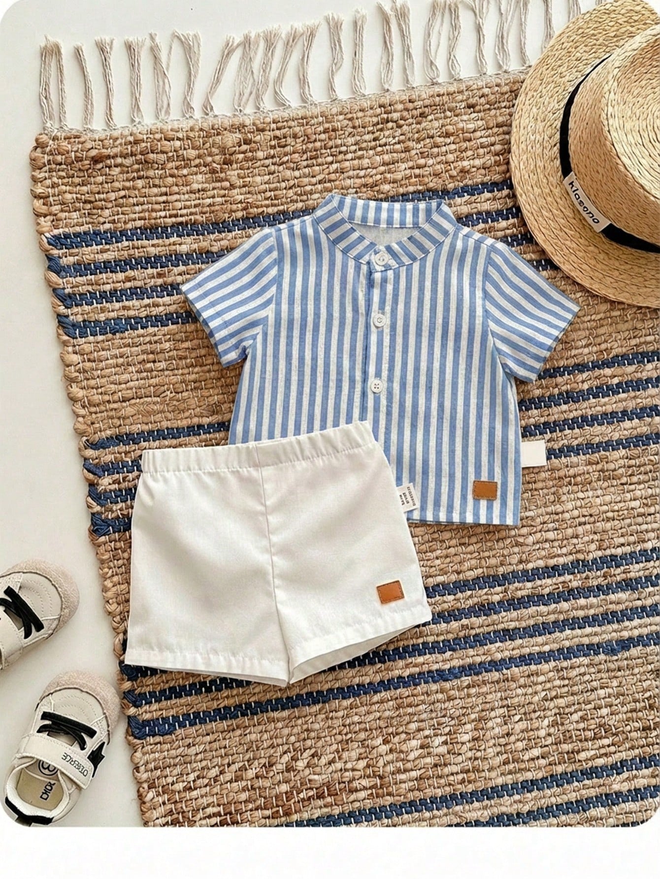 2pcs Baby Boys Striped Mandarin Collar Shirt & Shorts Set - Cerulea...
