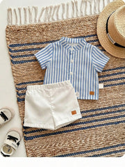 2pcs Baby Boys Striped Mandarin Collar Shirt & Shorts Set - Cerulea...