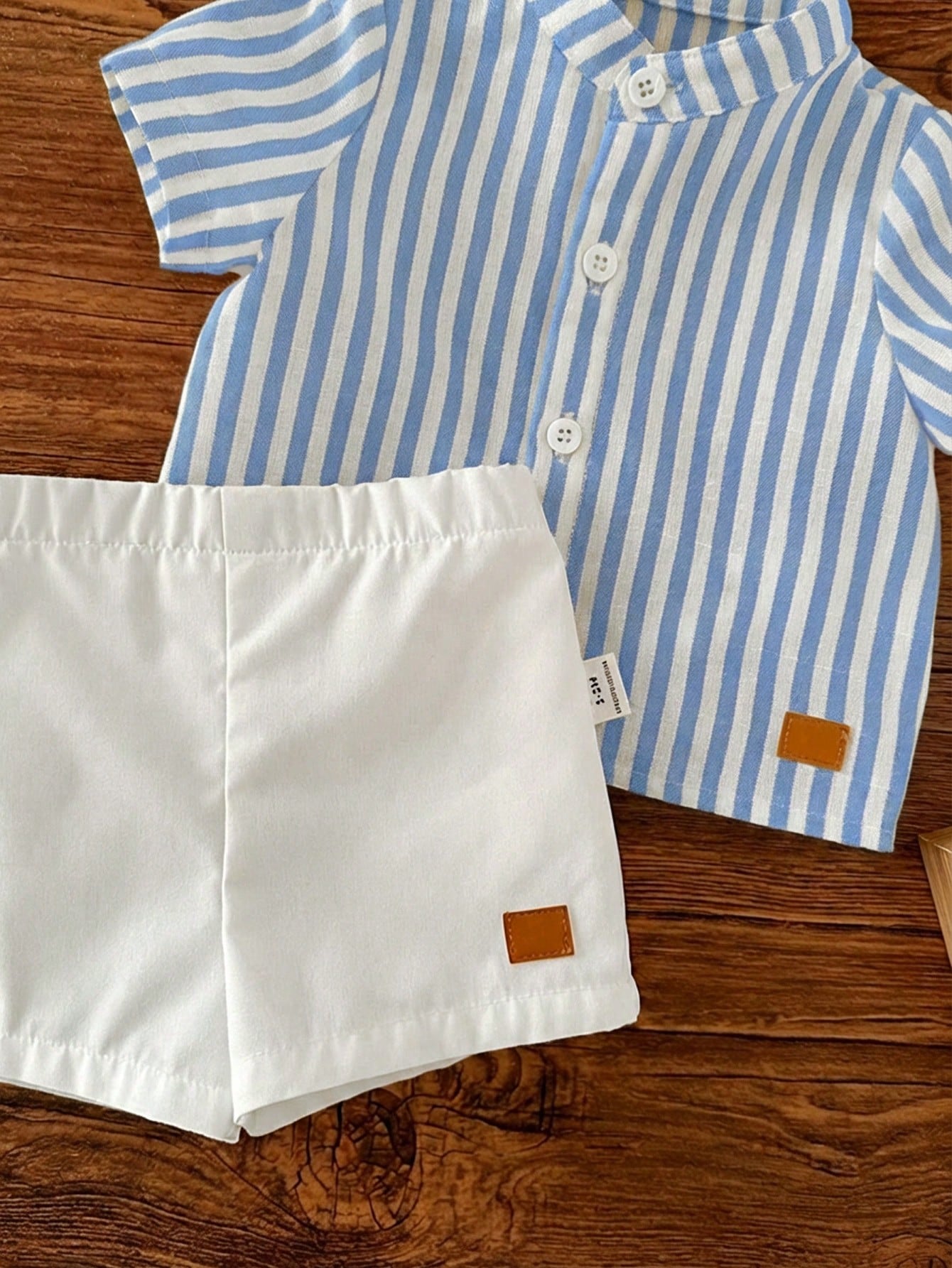 2pcs Baby Boys Striped Mandarin Collar Shirt & Shorts Set - Cerulea...