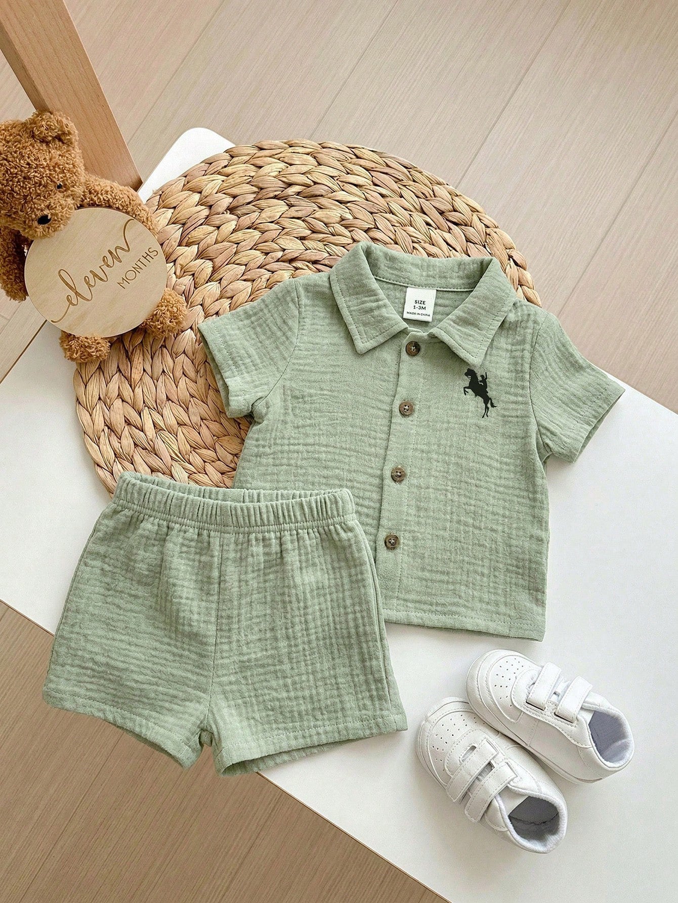Boys Knight Embroidered Muslin Shirt & Shorts Set - Sage