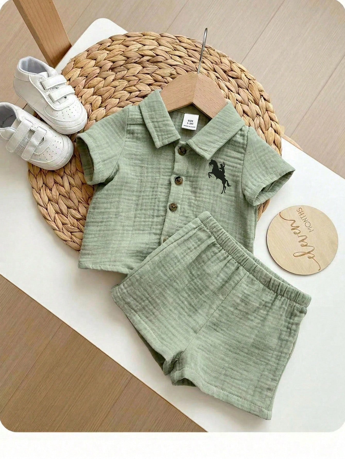 Boys Knight Embroidered Muslin Shirt & Shorts Set - Sage