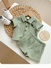 Boys Knight Embroidered Muslin Shirt & Shorts Set - Sage