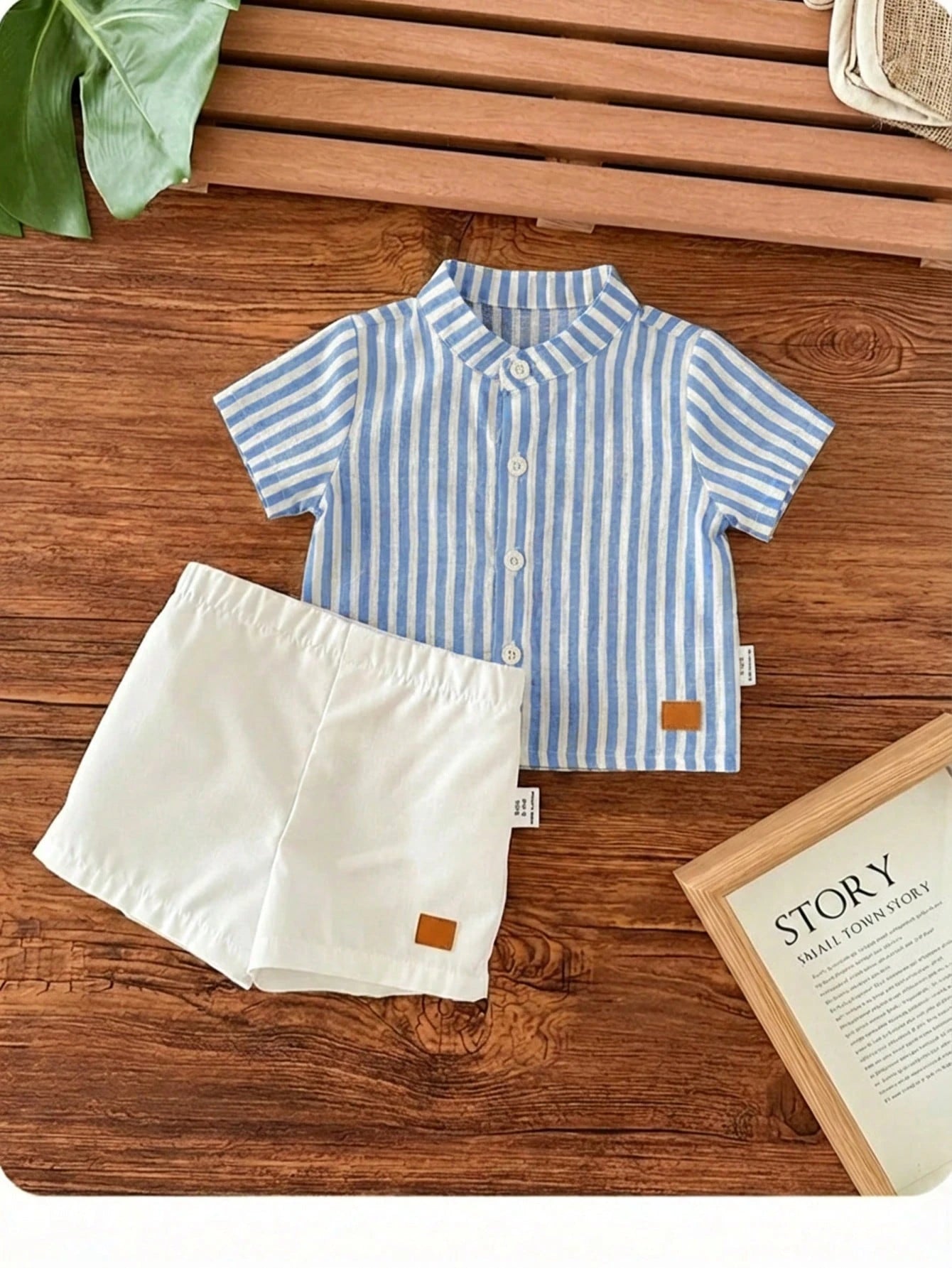 2pcs Baby Boys Striped Mandarin Collar Shirt & Shorts Set - Cerulea...