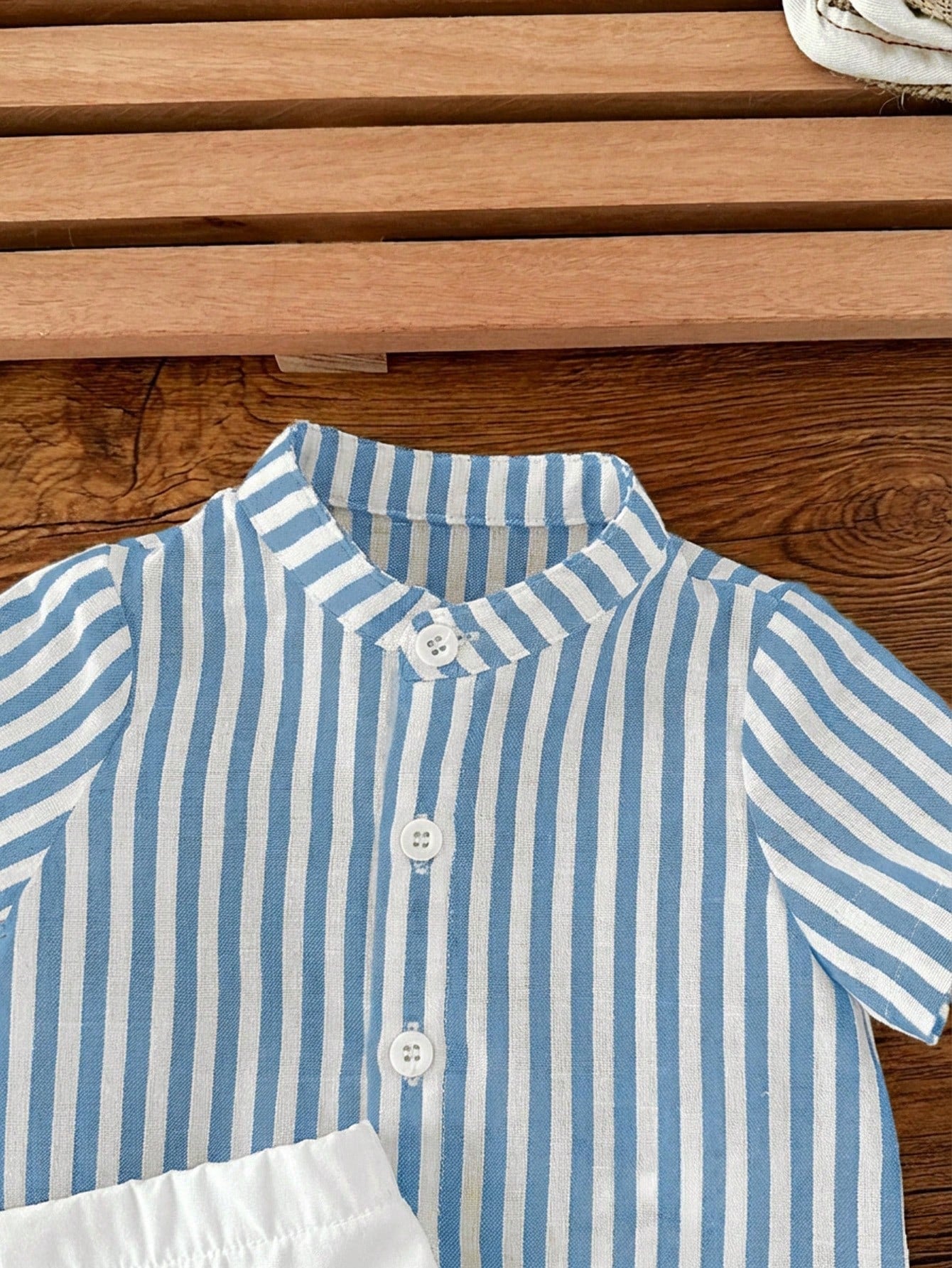 2pcs Baby Boys Striped Mandarin Collar Shirt & Shorts Set - Cerulea...