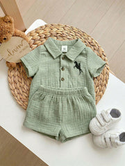 Boys Knight Embroidered Muslin Shirt & Shorts Set - Sage