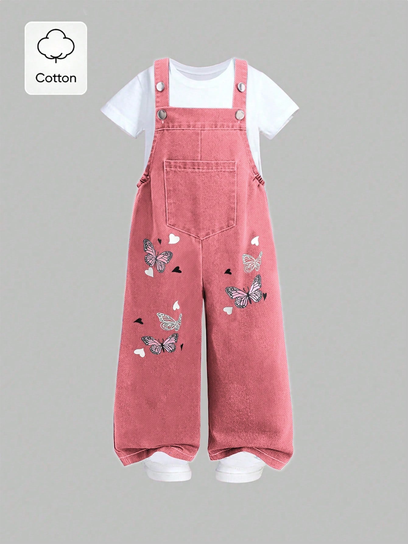 Big Girls Butterfly Print Wide-Leg Denim Dungaree - Dusty Rose | 21...