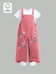 Big Girls Butterfly Print Wide-Leg Denim Dungaree - Dusty Rose | 21...