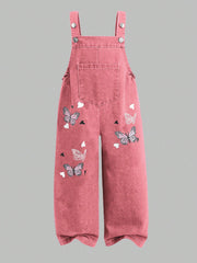 Big Girls Butterfly Print Wide-Leg Denim Dungaree - Dusty Rose | 21...