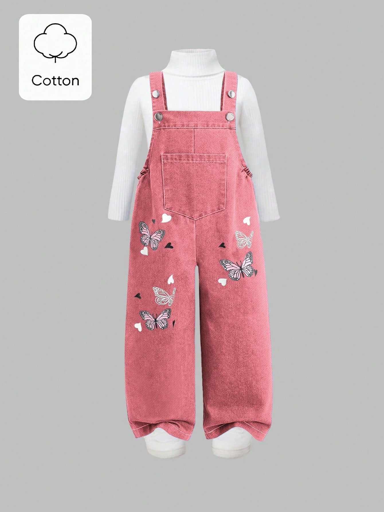 Big Girls Butterfly Print Wide-Leg Denim Dungaree - Dusty Rose | 21...