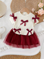 2pcs Girls Bow Appliqué Ribbed Top & Tulle Skirt Set - Ivory | 21 C...