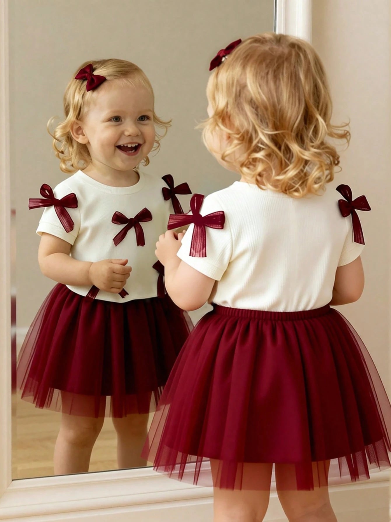 2pcs Girls Bow Appliqué Ribbed Top & Tulle Skirt Set - Ivory | 21 C...