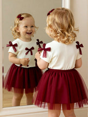 2pcs Girls Bow Appliqué Ribbed Top & Tulle Skirt Set - Ivory | 21 C...