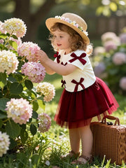 2pcs Girls Bow Appliqué Ribbed Top & Tulle Skirt Set - Ivory | 21 C...