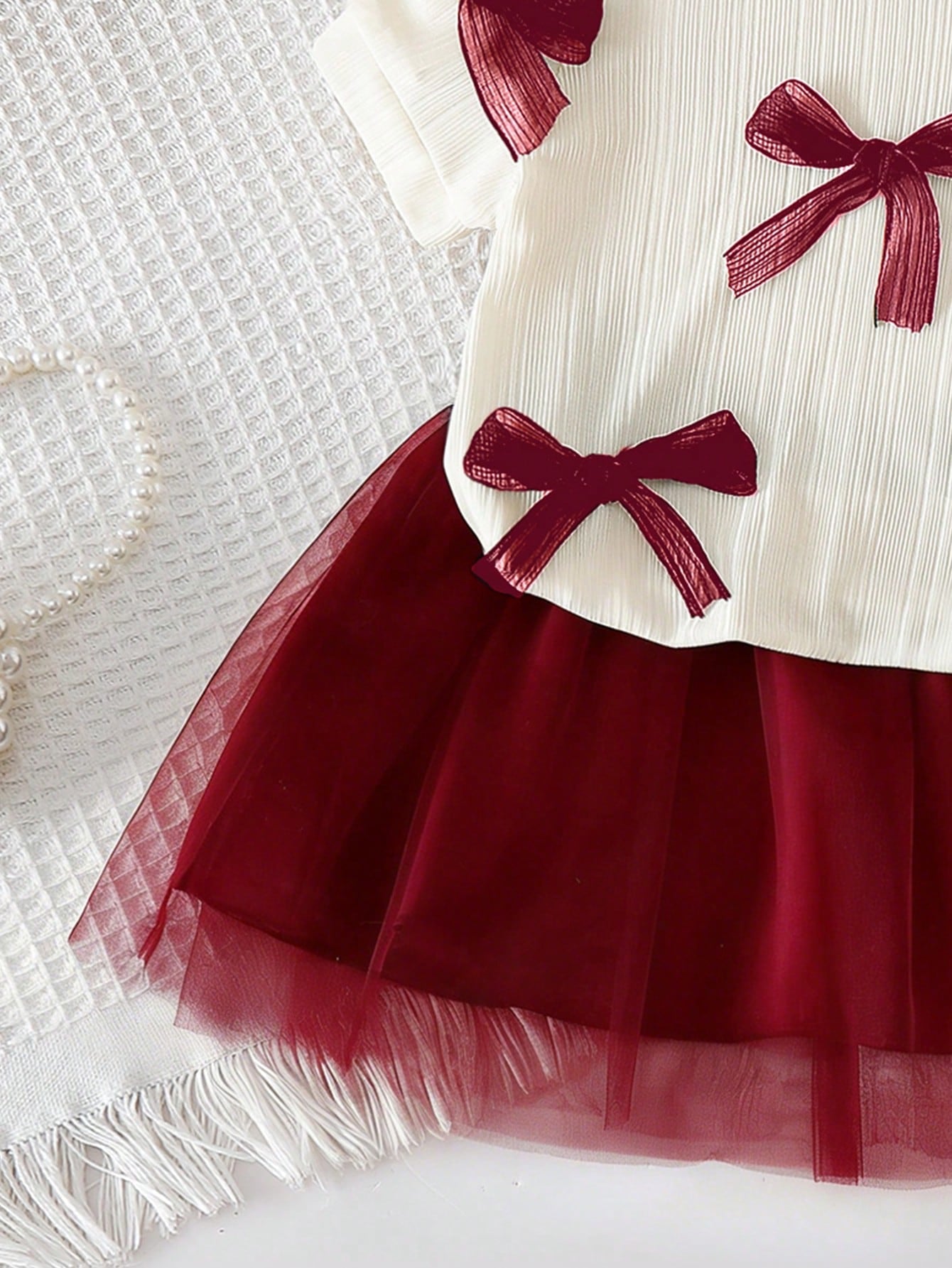 2pcs Girls Bow Appliqué Ribbed Top & Tulle Skirt Set - Ivory | 21 C...