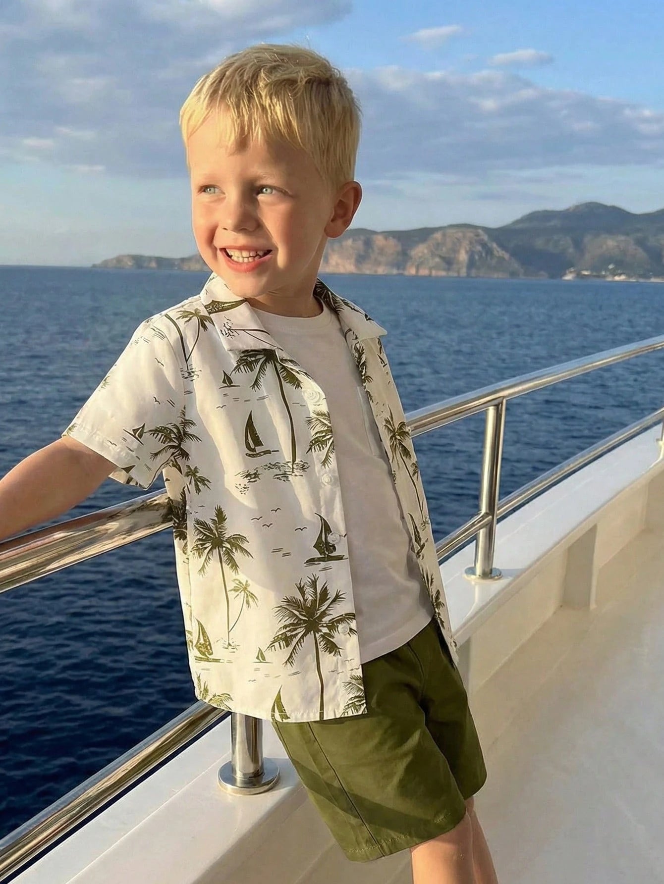2pcs Little Boys Palm Print Resort Shirt & Shorts Set - Ivory